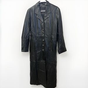 Montana A New Life Line Leather Long Trench Coat Women’s XL Black Vintage